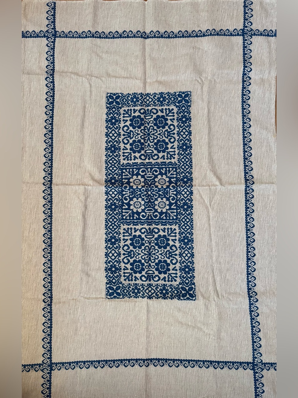 Baltic / Tyrolean Embroidered Blue Linen table cloth 33.5” x 52”